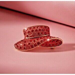 Vintage Red Rhinestone Hat Brooch 2” Gold Tone Crystal Cowboy Hat Pin